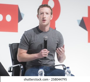 BARCELONA - MARCH 02: Facebook CEO Mark Zuckerberg speaking at the Mobile World Congress on March 02, 2015, Barcelona, Spain. 