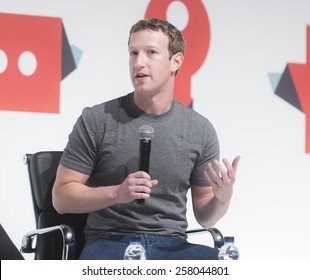 BARCELONA - MARCH 02: Facebook CEO Mark Zuckerberg speaking at the Mobile World Congress on March 02, 2015, Barcelona, Spain. 