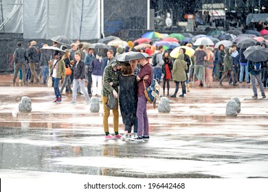 BARCELONA - MAY 28: People Watching A Concert Under The Rain At Heineken Primavera Sound 2014 Festival (PS14) On May 28, 2014 In Barcelona, Spain.