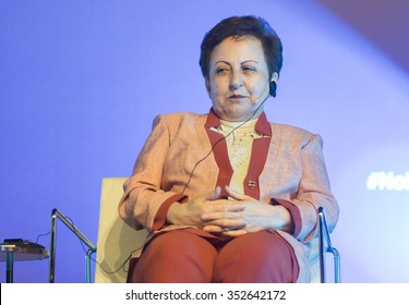 BARCELONA - NOVEMBER 15: Nobel Peace Prize In 2003 Shirin Ebadi Speaking At The 15th World Summit Of Nobel Peace Laureates On November 15, 2015, Barcelona, Spain.