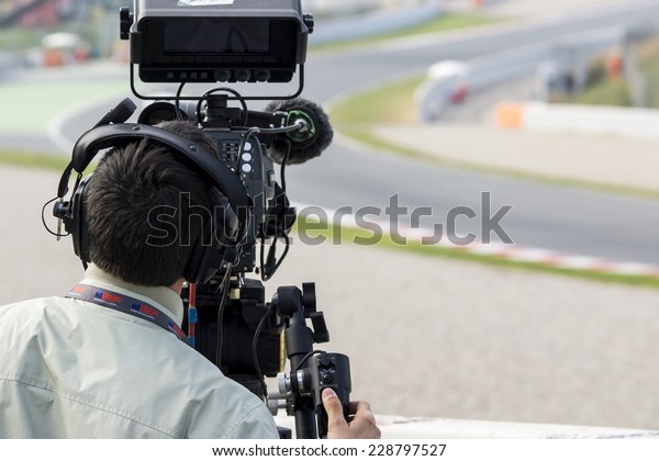 BARCELONA - NOVEMBER 2: TV Camera at International GT\
Open at Catalunya Circuit on November 2, 2014 in Barcelona, Spain.\
