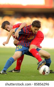 BARCELONA - OCT, 1: Marti Riverola Of FC Barcelona Vies With Lanzarote Of CE Sabadell During The Spanish Second Division Match At The Mini Estadi On October 1, 2011 In Barcelona, Spain