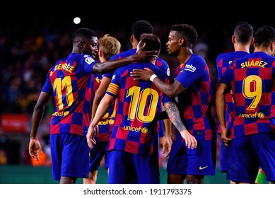 BARCELONA - OCT 6: Barcelona players celebrate after scoring a goal at the La Liga match between FC Barcelona and Sevilla FC at the Camp Nou Stadium on October 6, 2019 in Barcelona, Spain.
