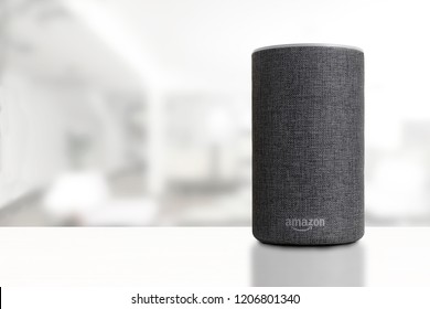 BARCELONA - OCTOBER 2018: Amazon Echo Smart Home Alexa Voice Service in a living room on October 19, 2018 in Barcelona.