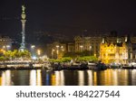 Barcelona  Port  with  Columbus statue  in  night time. Barcelona, Spain