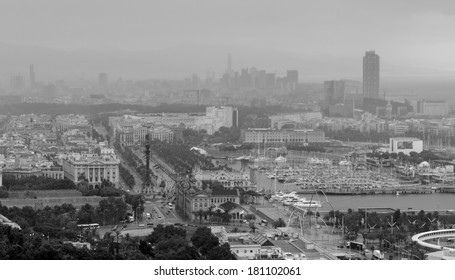 Barcelona Port Panoramic View On Foggy Day Black And White