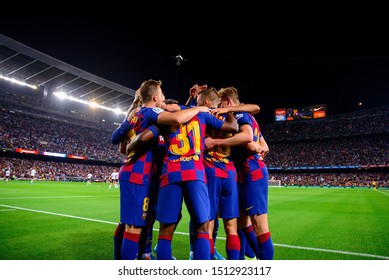 BARCELONA - SEP 14: Barcelona players celebrate a goal at the La Liga match between FC Barcelona and Valencia CF at the Camp Nou Stadium on September 14, 2019 in Barcelona, Spain.