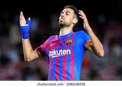 BARCELONA - SEP 20: Sergio Busquets in action during the La Liga match between FC Barcelona and Granada CF de Futbol at the Camp Nou Stadium on September 20, 2021 in Barcelona, Spain.