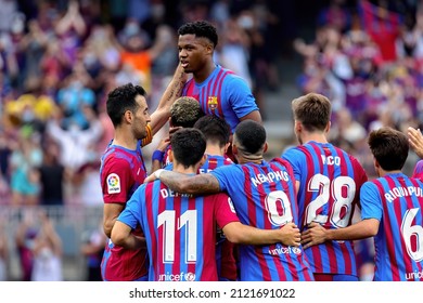 BARCELONA - SEP 26: Ansu Fati celebrates a goal during the La Liga match between FC Barcelona and Levante at the Camp Nou Stadium on September 26, 2021 in Barcelona, Spain.