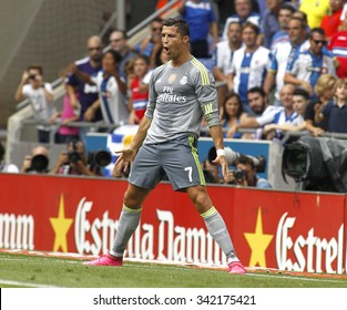 BARCELONA - SEPT, 12: Cristiano Ronaldo of Real Madrid celebrating a goal during a Spanish League match against RCD Espanyol at the Power8 stadium on September 12 2015 in Barcelona Spain