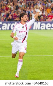 BARCELONA - SEPTEMBER 13: Alexandre Pato Celebrating His Goal During The Champions League Match Between FC Barcelona And AC Milan, Final Score 2 - 2, On September 13, 2011, In Barcelona, Spain.