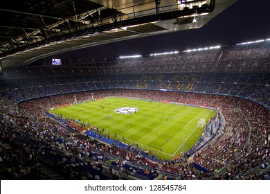 BARCELONA - SEPTEMBER 13: Crowd Of People In Camp Nou Stadium Before The Champions League Match Between FC Barcelona And AC Milan, Final Score 2 - 2, On September 13, 2011, In Barcelona, Spain.