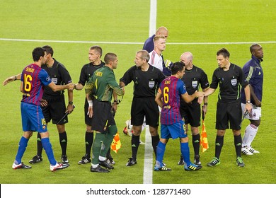 BARCELONA - SEPTEMBER 13: Players And Referre At The Champions League Match Between FC Barcelona And Milan, Final Score 2 - 2, On September 13, 2011, In Camp Nou Stadium, Barcelona, Spain.