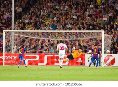 BARCELONA - SEPTEMBER 13: Some Players In Action During The Champions League Match Between FC Barcelona And AC Milan, Final Score 2 - 2, On September 13, 2011, In Camp Nou, Barcelona, Spain.