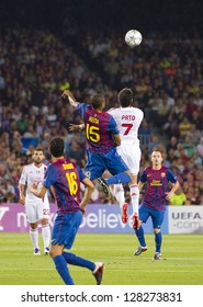 BARCELONA - SEPTEMBER 13: Some Players In Action At The Champions League Match Between FC Barcelona And Milan, Final Score 2 - 2, On September 13, 2011, In Camp Nou Stadium, Barcelona, Spain.