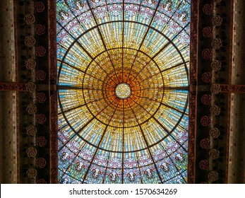 Barcelona, ​​Spain / September 20, 2019 : Interior decoration of the Palace of Catalan Music in Barcelona, ​​Spain.