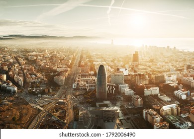 Barcelona Skyline Aerial View With Buildings In Spain.