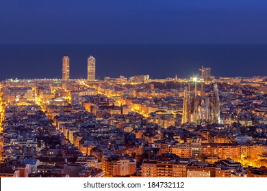 Barcelona Skyline Panorama At Night