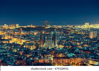 Barcelona Skyline Panorama At Night, Spain