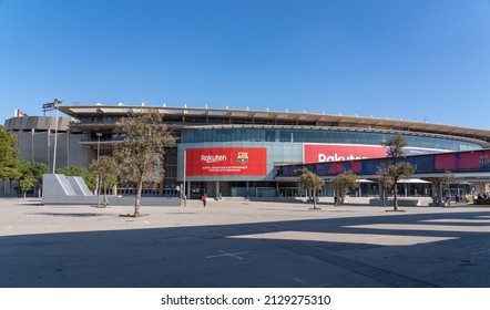 Barcelona, Spain - 02.19.2022: Barcelona Football Clubs's Home Stadium From Outside. Camp Neu Stadium With No People. Empty Home Stadium Of Barcelona Football Club. Sunny Spring Day