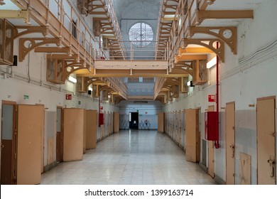 Barcelona / Spain 05 11 2019: Prison interior. Two-story prison corridor with prison cell doors