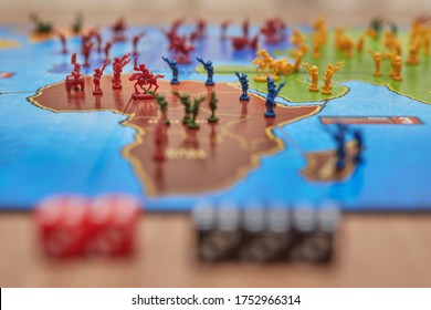 Barcelona, Spain - 05 De Junio De 2020: A Lot Of Figures On The World Map, From The Risk Game