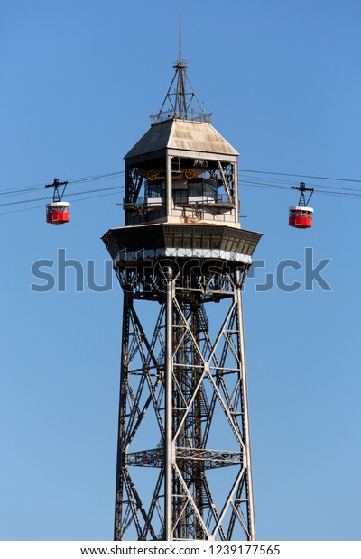 Barcelona. Spain. 06.21.12. The Port\
Vell Cable Car at Port Olimpic on the Port Vell area of the\
waterfront in Barcelona in the Catalonia region of\
Spain.
