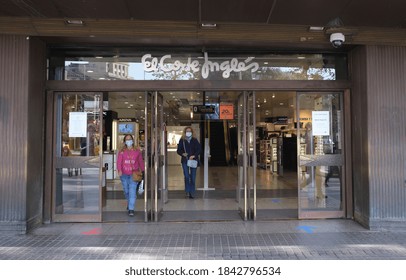 Barcelona, Spain - 10/28/2020 - El Corte Ingles Building In Plaza Catalunya