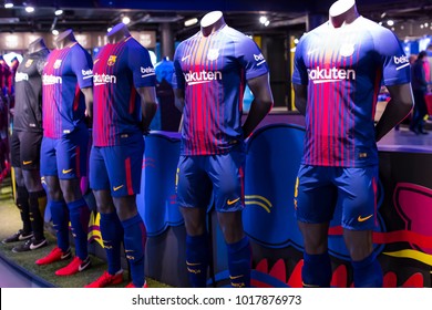 BARCELONA, SPAIN - 12 JANUARY 2018: Official Store FC Barcelona , clothing and footwear team of souvenirs and paraphernalia for fans of the team and visitors of the stadium. 