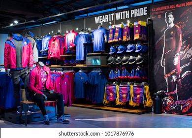 BARCELONA, SPAIN - 12 JANUARY 2018: Official Store FC Barcelona , clothing and footwear team of souvenirs and paraphernalia for fans of the team and visitors of the stadium. 