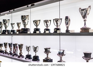 BARCELONA, SPAIN - 12 JANUARY 2018: The museum of trophies of the cups and awards of the team FC Barcelona in the of Camp Nou. 