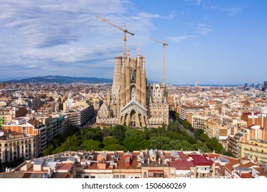 Barcelona Spain - 15 Sept 2019: Antoni Gaudí's Renowned Unfinished Church, Started In The 1880s, With Museum Aerial City Views