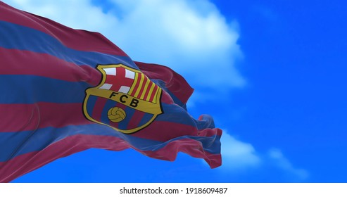 Barcelona , SPAIN - 17 February 2021 - Animated Flag Of Spanish Football Club FC Barcelona.
