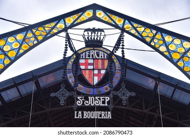 Barcelona, Spain - 23 Nov, 2021: The Entrance To La Boqueria, Barcelona's Famous Food Market