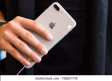 BARCELONA, SPAIN - 23 SEPTEMBER 2017 : Brand new iPhone 8 - iPhone 8 Plus Silver hands-on in Apple Store. Selective focus and shallow DOF, close up view. Technology concept, modern phone
