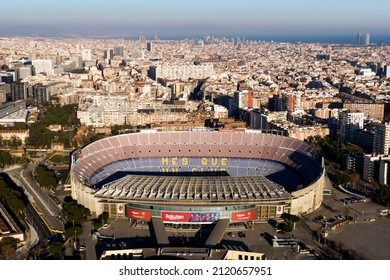 BARCELONA, SPAIN - 26 JANUARY, 2022 : Aerial view of Camp Nou FC Barcelona football Stadium and the city