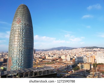 Barcelona, Spain - 27 December 2018: Panoramic View Of The Modern Business And Technological District Of Barcelona With The Torre Glòries (Torre Agbar) Tower. 