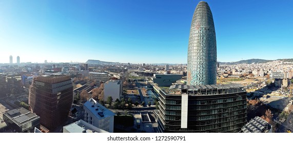 Barcelona, Spain - 27 December 2018: Panoramic View Of The Modern Business And Technological District Of Barcelona With The Torre Glòries (Torre Agbar) Tower. 