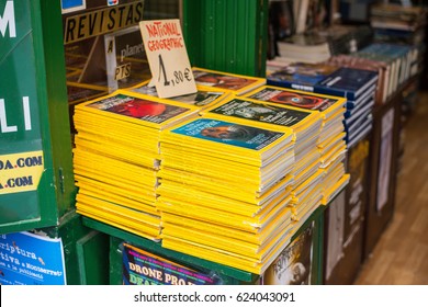 BARCELONA, SPAIN - 8 JUNE 2013: Sale Of National Geographic Magazine In On Of Store Of El Gothic 