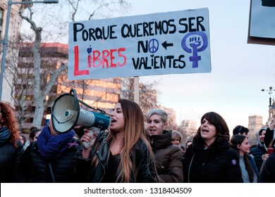 Barcelona, Spain - 8 March 2018: Women March In The City Center During Woman's Day For Better Human Rights For Women And Feminism 