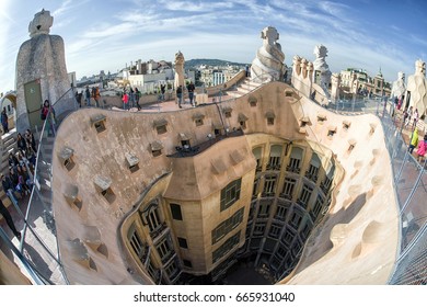 BARCELONA, SPAIN - APRIL 20:  Roof Of Modernist House Case Mila Also Known As La Pedrera Designed By  Antoni Gaudi  On April 20, 2017 In Barcelona