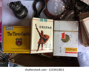 Barcelona ,Spain, April 2017: Antique vintage  rariest unpacked cigarette packs on largest flea market of Barcelona- Encants.