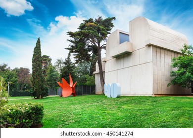 Barcelona, SPAIN - April 22, 2016: Fundacio Joan Miro - 1975, is a museum of modern art with the works by Joan Miro, located on the hill called Montjuic. Architect: Josep Lluis Sert. Front view