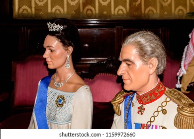 BARCELONA, SPAIN - AUG 11, 2018: Farah Pahlavi, Mohammad Reza Palavi, Wax Museum In Barcelona.