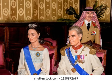 BARCELONA, SPAIN - AUG 11, 2018: Farah Pahlavi, Mohammad Reza Palavi, Wax Museum In Barcelona.