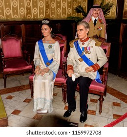 BARCELONA, SPAIN - AUG 11, 2018: Farah Pahlavi, Mohammad Reza Palavi, Wax Museum In Barcelona.