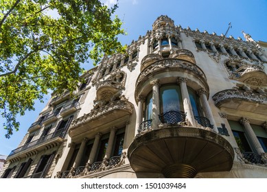 Barcelona, Spain - August 1, 2019: Facade Of Casa Lleo Morera, Modernism Architecture, In Barcelona