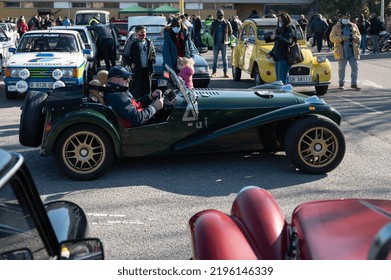 Barcelona, Spain; August 5, 2022: Detail Of An Old English Open Sports Car, Lotus 7, Caterham 7 Seven