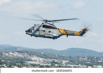 Barcelona, Spain; August 6, 2018: Helicopter Of Spanish Army In Rescue Mission. Aerospatiale SA 330 Puma