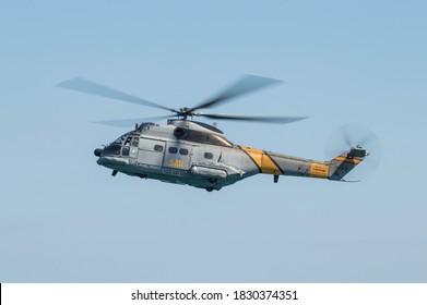 Barcelona, Spain; August 6, 2018: Helicopter Of Spanish Army In Rescue Mission. Aerospatiale SA 330 Puma